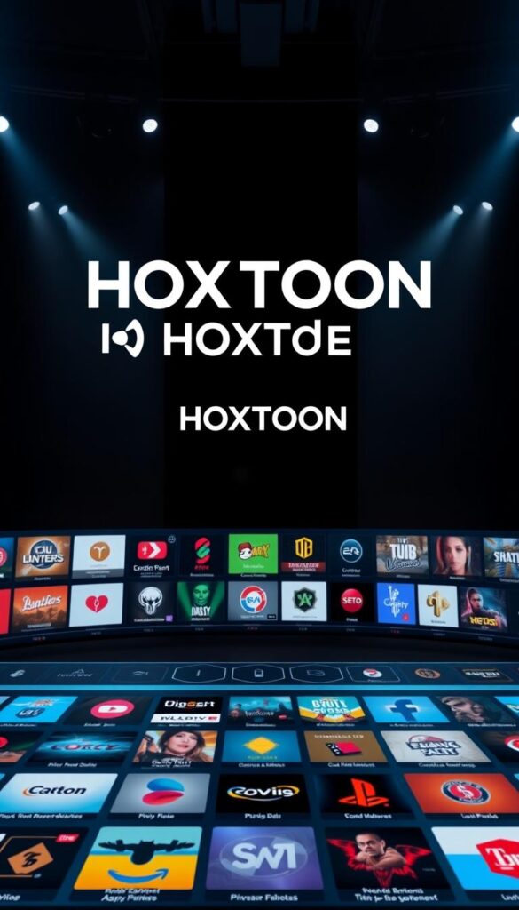 A vivid, dynamic image of HOXTOON's impressive channel lineup, showcased in a sleek, minimalist layout. The Hoxtoon Provider logo prominently displayed, conveying the brand's authority and reliability. In the foreground, a grid of colorful channel icons, meticulously arranged to highlight the breadth and variety of content available. The middle ground features a futuristic, holographic interface, with slick, responsive animations that draw the viewer's attention. The background is a sophisticated, dark-toned studio setting, with dramatic lighting and reflective surfaces that lend an air of sophistication and professionalism to the scene. The overall composition exudes a sense of technological prowess, seamlessly integrating the brand's identity with the impressive channel lineup.