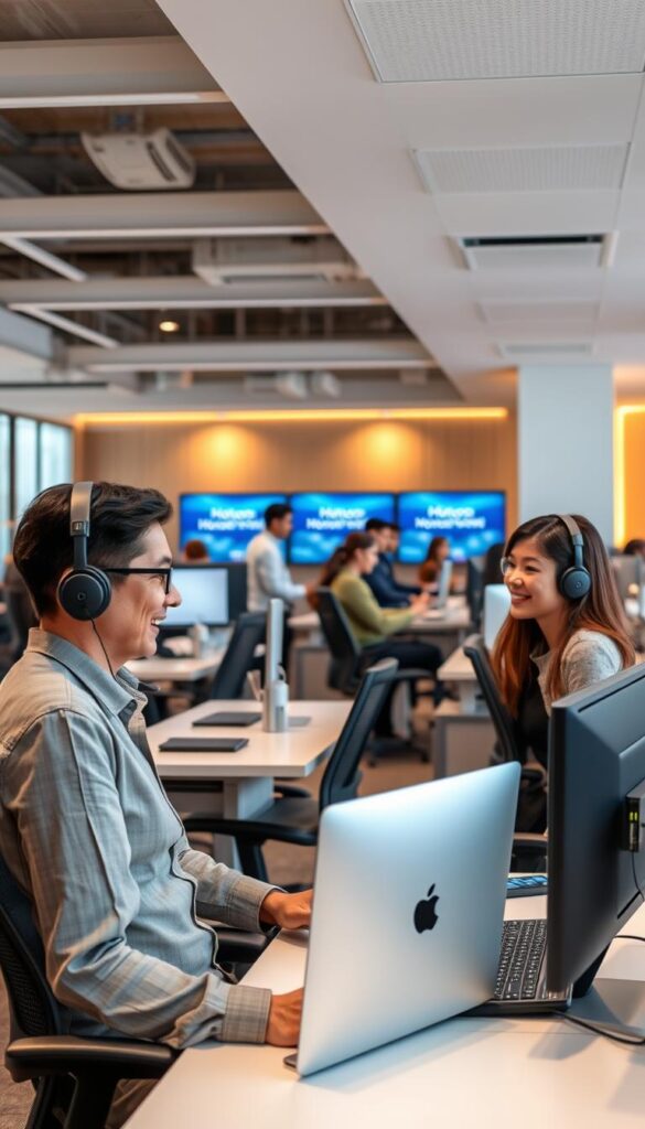 A well-equipped customer support center for the Hoxtoon IPTV provider, with a team of friendly and knowledgeable agents standing by to assist customers. The scene depicts a modern, open-concept office space with sleek desks, ergonomic chairs, and state-of-the-art communication equipment. Warm, diffused lighting illuminates the space, creating a welcoming atmosphere. In the foreground, a customer service representative is engaged in a collaborative discussion with a customer, their expressions conveying a sense of understanding and problem-solving. In the background, other agents are diligently attending to various inquiries, demonstrating the provider's commitment to delivering exceptional technical support and customer satisfaction.