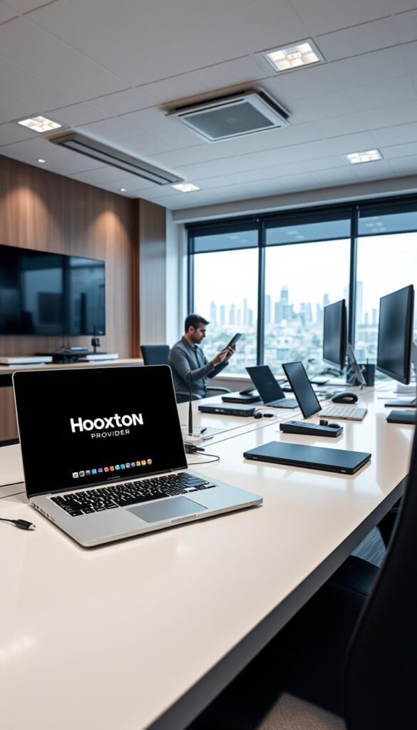 A well-equipped modern office with a large desk, multiple screens, and various tech accessories. In the foreground, a laptop displays the Hoxtoon Provider logo, representing their IPTV service. The middle ground features a person using a tablet, showcasing the multi-device compatibility. The background has a city skyline visible through a window, hinting at the global reach of the IPTV provider. The lighting is bright and professional, creating a sleek, high-tech atmosphere. The camera angle is slightly elevated, providing a dynamic and authoritative perspective.