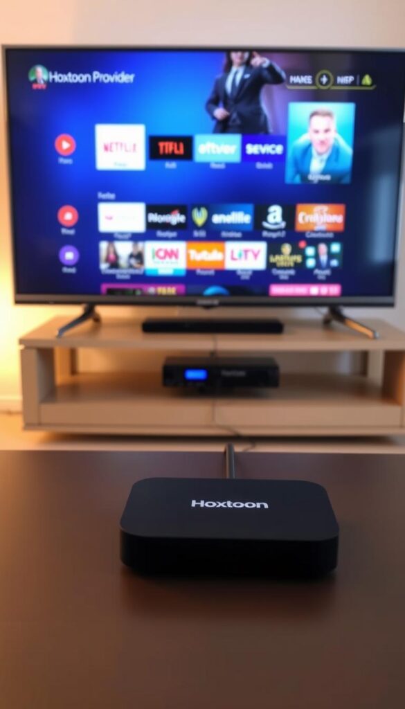 A well-lit and detailed setup guide for the Hoxtoon Provider IPTV service. In the foreground, a modern smart TV displaying the Hoxtoon user interface, showcasing the range of channels and content available. In the middle ground, a sleek streaming device, likely a Hoxtoon-branded device, connected to the TV via HDMI. In the background, a clean and minimalist home entertainment setup, highlighting the ease of integration. Soft, warm lighting enhances the inviting atmosphere, while the composition emphasizes the simplicity and user-friendliness of the Hoxtoon IPTV setup process.