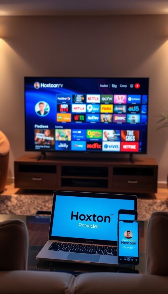 A well-lit and modern living room, with a large television screen displaying a crisp, high-definition IPTV interface. On the coffee table, a laptop and smartphone showcase the "Hoxtoon Provider" brand, signifying reliable access to a vast selection of live TV channels and on-demand content. The room is bathed in a warm, inviting glow, with subtle ambient lighting that enhances the sense of comfort and technology integration. The overall scene conveys the ease and dependability of Hoxtoon's IPTV streaming service, catering to the discerning viewer's entertainment needs.