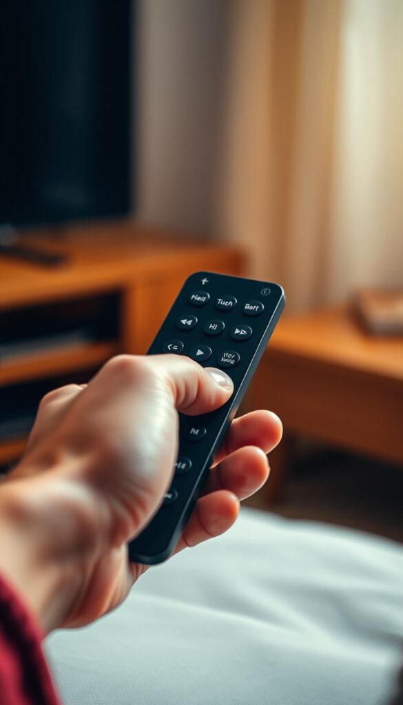 A well-lit, close-up shot of a person's hands interacting with a modern, sleek TV remote control. The remote has a minimalist design with clean lines and a few prominent buttons. The hands are positioned as if navigating the remote's menu, showcasing the step-by-step process of accessing the catch-up feature on the Hoxtoon Provider IPTV service. The background is blurred, creating a soft, ethereal atmosphere that draws the viewer's attention to the central action. The lighting is warm and natural, with subtle highlights accentuating the textures of the remote and the skin. The overall composition is balanced, with the remote control positioned as the focal point, conveying a sense of ease and simplicity in accessing the catch-up functionality.