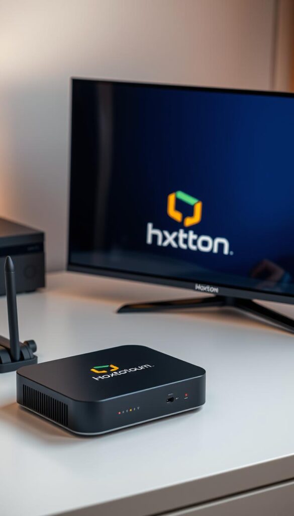A well-lit, close-up view of a Mag box IPTV setup, showcasing the Hoxtoon Provider logo prominently displayed on the device's interface. The Mag box is positioned on a clean, minimalist desk, with a streamlined, modern aesthetic. The scene features a soft, warm lighting that enhances the sleek, high-tech appearance of the device. The prompt emphasizes the ease of setup and the reliable performance of the Hoxtoon IPTV service, conveying a sense of professionalism and efficiency.