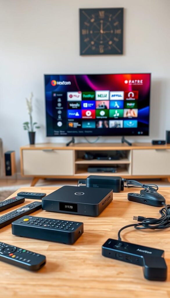 A well-lit, contemporary home entertainment setup with a sleek, modern Hoxtoon Provider IPTV box prominently displayed on a minimalist wooden TV stand. The box is surrounded by various remote controls, streaming devices, and cables neatly organized. In the background, a large, high-definition television screen displays a vibrant, colorful interface, showcasing the Hoxtoon Provider's intuitive user experience. The scene conveys a sense of ease and simplicity, suggesting the seamless integration of the Hoxtoon Provider IPTV system into a comfortable, tech-savvy living space.
