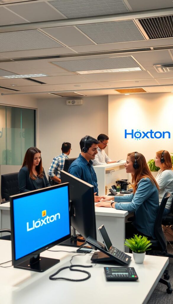 A well-lit customer support office with a team of friendly, knowledgeable Hoxtoon Provider representatives assisting customers. The foreground features a modern desk with a Hoxtoon Provider logo, a computer monitor, and a telephone. In the middle ground, several Hoxtoon Provider employees in professional attire are engaged in conversations, offering solutions and addressing customer inquiries. The background showcases a clean, organized workspace with Hoxtoon Provider branding elements, creating a welcoming and efficient atmosphere. The lighting is warm and inviting, conveying a sense of approachability and customer-centric service.