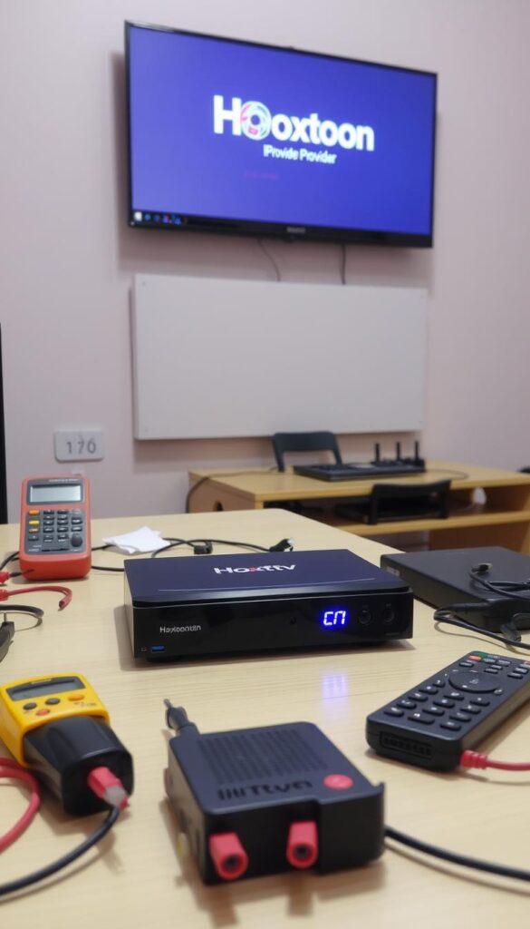 A well-lit desk with an IPTV box, remote control, and various troubleshooting tools like a multimeter and ethernet cable. In the background, a wall-mounted TV displaying the Hoxtoon Provider logo and an error message. The scene conveys a sense of technical troubleshooting, with the IPTV box as the focal point, surrounded by the necessary tools to diagnose and resolve common IPTV issues.
