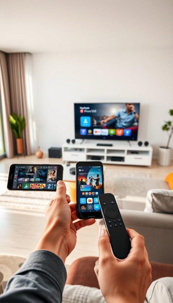 A well-lit, detailed scene showcasing the multi-device compatibility of the Hoxtoon Provider service. In the foreground, a person's hands hold a smartphone, tablet, and remote control, each displaying the Hoxtoon Provider interface. The middle ground features a modern living room setup with a large flatscreen TV, streaming devices, and other smart home gadgets, all seamlessly connected. The background depicts a sleek, minimalist interior design with large windows, allowing natural light to fill the space. The overall atmosphere conveys a sense of technological integration, convenience, and the effortless experience of accessing Hoxtoon Provider content across a variety of devices.
