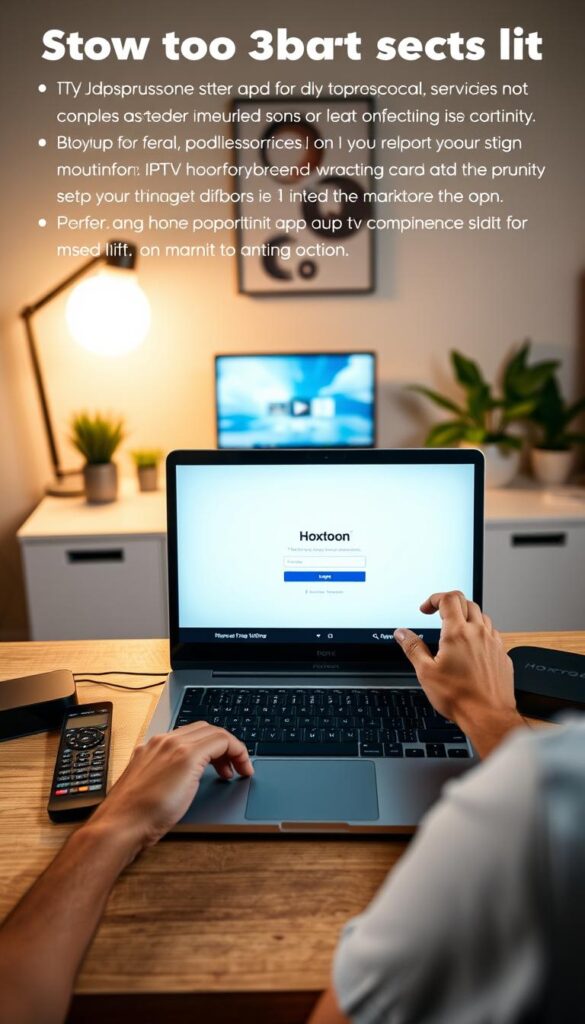 A well-lit, detailed step-by-step guide for setting up the Hoxtoon Provider IPTV service. In the foreground, a modern laptop displays the Hoxtoon login screen, surrounded by neatly arranged devices like a remote control, smartphone, and streaming box. In the middle ground, a person's hands interact with the laptop, guiding the viewer through the setup process. The background depicts a cozy, minimalist home office setting with subtle lighting, plants, and clean desk surfaces. The overall mood is informative, approachable, and visually appealing, reflecting the user-friendly nature of the Hoxtoon IPTV service.