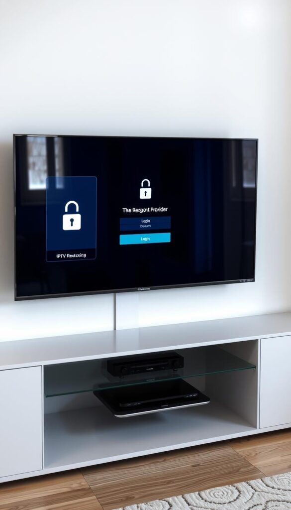 A well-lit, high-angle shot of a smart TV displaying the Hoxtoon Provider IPTV premium app interface. The app's sleek, modern design features a secure login screen, indicating the importance of user privacy and account protection. The smart TV is surrounded by a clean, minimalist environment, emphasizing the legal and responsible use of the IPTV service. The overall mood is one of professionalism, reliability, and compliance with applicable laws and regulations.