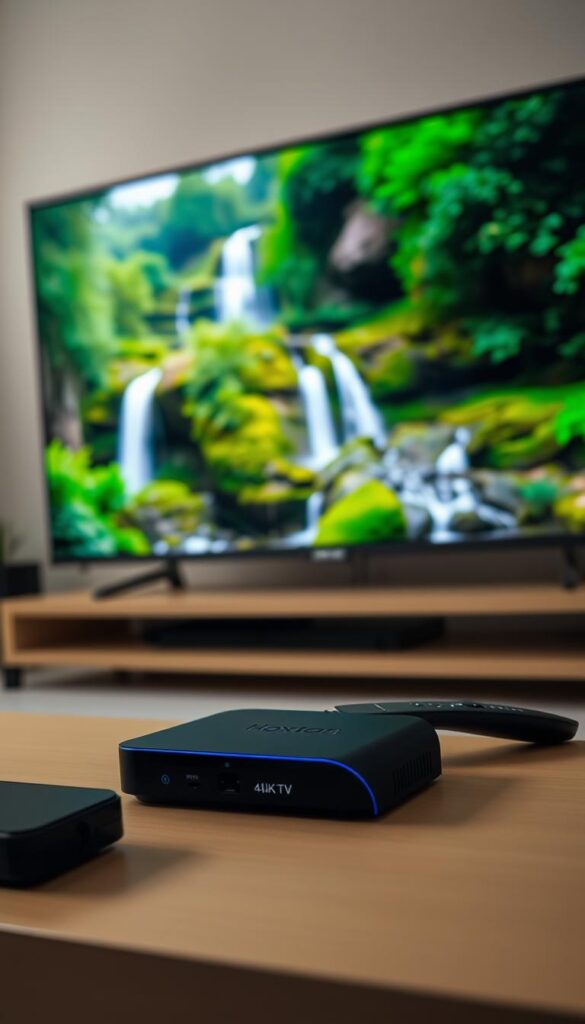 A well-lit, high-quality 4K IPTV streaming setup with a modern smart TV, sleek streaming device, and a Hoxtoon Provider subscription. The TV displays a vibrant, high-definition nature scene with lush greenery and a serene waterfall. The streaming device is prominently featured, showcasing its premium design. Soft, diffused lighting creates a warm, inviting atmosphere, emphasizing the premium quality of the IPTV experience.