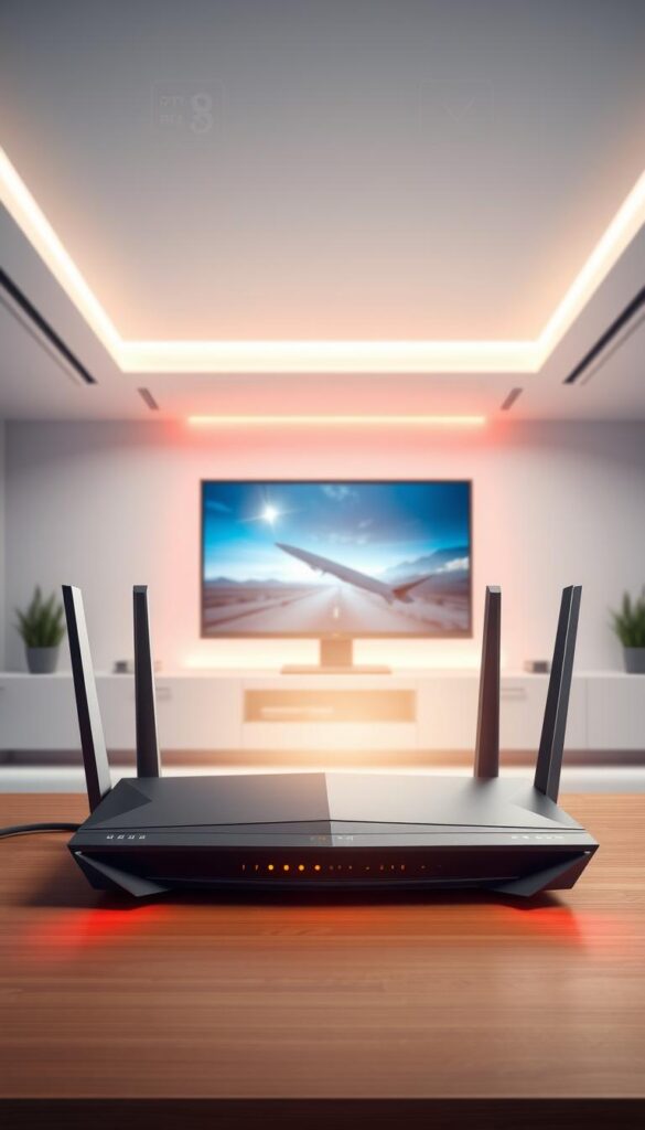A well-lit, high-quality illustration of a reliable IPTV connection. In the foreground, a modern router with sleek, angular design and indicator lights signaling a strong, stable network connection. The middle ground features a computer monitor displaying a crystal-clear, seamless video playback, representing the exceptional content delivery of the Hoxtoon Provider service. The background depicts a minimalist, futuristic interior with clean lines and muted tones, conveying a sense of technological sophistication. The overall scene radiates a mood of dependability, efficiency, and the premium quality of the Hoxtoon IPTV offering.
