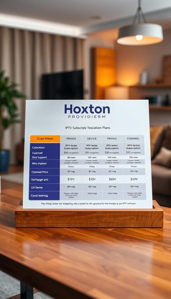 A well-lit, high-quality image of an IPTV subscription plan board displayed on a wooden table. The plan board features the Hoxtoon Provider brand prominently, showcasing their various IPTV subscription options with clear pricing, device support, and channel information. The background is a soft, blurred scene of a cozy living room, creating a warm and inviting atmosphere. The overall composition is visually appealing, drawing the viewer's attention to the key details of the IPTV subscription plans.