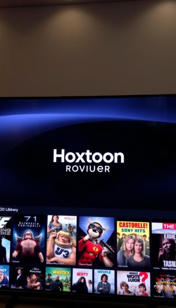 A well-lit, high-quality image of the "Hoxtoon Provider" IPTV VOD library interface. The foreground features a curated selection of movie and TV show thumbnails, showcasing the breadth and depth of the content available. The middle ground displays the Hoxtoon Provider branding prominently, conveying the service's identity. The background depicts a sleek, modern design with clean lines and a subtle gradient, creating a sophisticated and immersive atmosphere. The lighting is soft and balanced, highlighting the vibrant colors and details of the on-screen content. The camera angle is slightly elevated, providing an inviting and accessible view of the comprehensive VOD library.