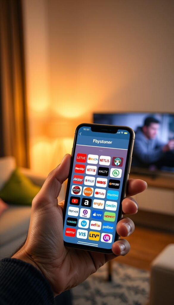 A well-lit, high-quality photograph of a man's hand holding a smartphone displaying the Hoxtoon Provider IPTV service interface. The screen showcases a variety of international TV channel logos, creating a sense of global entertainment options. The smartphone is set against a blurred background of a cozy living room, with warm lighting and subtle décor elements hinting at a comfortable, home-based setting. The overall composition and lighting evoke a sense of satisfaction and ease of use, capturing the user's positive experience with the IPTV service.
