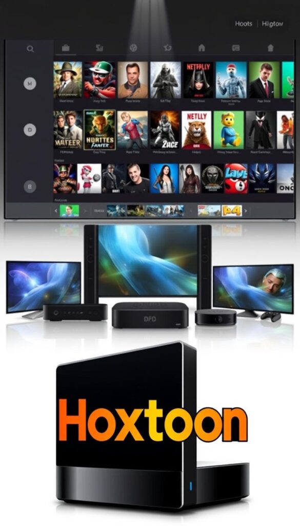 A well-lit, high-resolution illustration showcasing the Hoxtoon Provider IPTV service. In the foreground, the Hoxtoon logo stands out prominently, its bold lettering and vibrant colors commanding attention. In the middle ground, various streaming devices, such as smart TVs and set-top boxes, are artfully arranged, highlighting the platform's compatibility. The background features a sleek, modern interface with a diverse selection of content, from live TV channels to on-demand movies and shows, all neatly organized. The overall composition conveys a sense of sophistication, reliability, and the comprehensive entertainment experience that Hoxtoon Provider offers. A well-lit, high-resolution illustration showcasing the Hoxtoon Provider IPTV service. In the foreground, the Hoxtoon logo stands out prominently, its bold lettering and vibrant colors commanding attention. In the middle ground, various streaming devices, such as smart TVs and set-top boxes, are artfully arranged, highlighting the platform's compatibility. The background features a sleek, modern interface with a diverse selection of content, from live TV channels to on-demand movies and shows, all neatly organized. The overall composition conveys a sense of sophistication, reliability, and the comprehensive entertainment experience that Hoxtoon Provider offers.