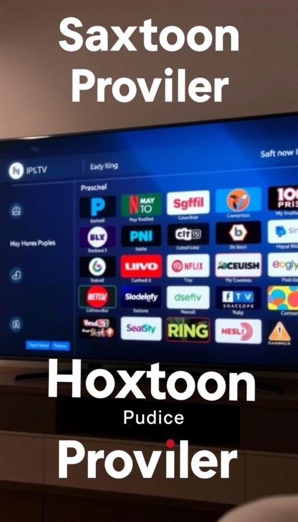 A well-lit, high-resolution image of a Samsung Smart TV interface, showcasing a variety of IPTV channels organized in a clean, intuitive layout. The foreground features the Hoxtoon Provider branding prominently displayed, with a clear and legible logo. The middle ground depicts a range of channel icons, neatly arranged and categorized, reflecting the diverse content available through the Hoxtoon IPTV service. The background subtly hints at the living room environment, with subtle lighting and a sense of depth, creating a cohesive and immersive visual experience.