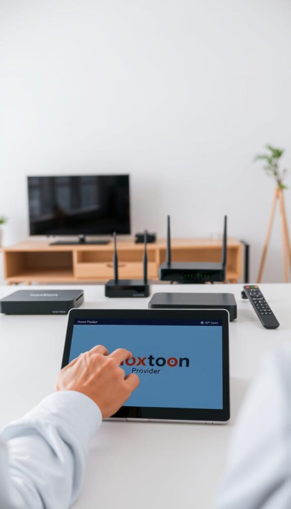 A well-lit, high-resolution image of a modern home office setting, showcasing the step-by-step process of setting up a Hoxtoon IPTV service. In the foreground, a person's hands are shown navigating through a laptop or tablet, with the Hoxtoon Provider logo prominently displayed. The middle ground features various IPTV hardware components, such as a router, set-top box, and remote control, neatly arranged. The background depicts a minimalist, clean workspace with neutral tones, highlighting the technological and professional nature of the scene.