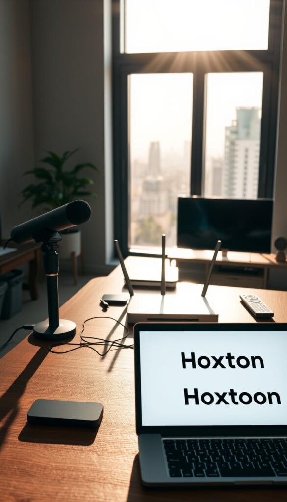 A well-lit, high-resolution image of a modern, minimalist home office setup. In the foreground, a sleek, silver laptop prominently displays the "Hoxtoon Provider" logo on its screen. Nearby, a high-quality webcam and a professional-grade microphone sit atop a sturdy, dark-wood desk. In the middle ground, a streamlined router and a smart TV remote hint at the advanced home entertainment system. The background features floor-to-ceiling windows overlooking a serene, sun-dappled cityscape, creating a calming, productive atmosphere. The overall composition conveys a sense of technological sophistication and user-friendly accessibility, perfectly suited for illustrating the "Getting Started: Setting Up HOXTOON on Your Devices" section.