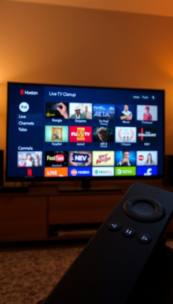 A well-lit, high-resolution screenshot showcasing the Hoxtoon Provider IPTV service's diverse channel lineup on a Firestick device. The frame features a sleek, modern interface with a clean, uncluttered layout, highlighting the wide range of live TV channels, movies, and on-demand content available for free. The Firestick remote is visible in the foreground, emphasizing the ease of access and user-friendly experience. The background subtly suggests a cozy, home entertainment setting, with warm lighting and subtle visual cues that reinforce the notion of a seamless, enjoyable IPTV experience on the Firestick platform.