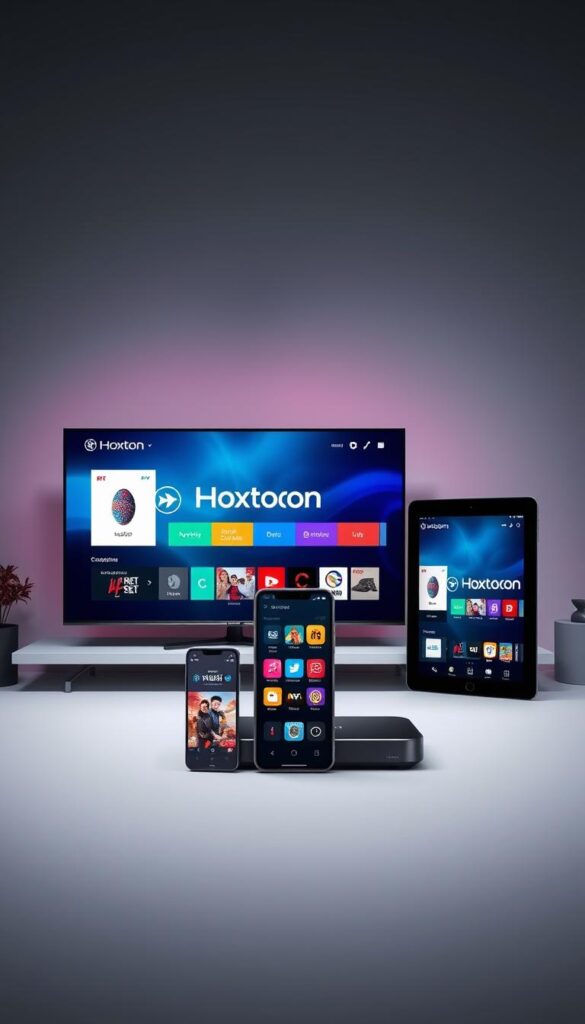 A well-lit, high-resolution setup showcasing a variety of devices including a smart TV, a smartphone, and a tablet, all connected to the "Hoxtoon Provider" IPTV service. The devices are arranged in a visually appealing manner, with clean, modern lines and a minimalist aesthetic. The background features a subtle gradient, creating a sense of depth and emphasizing the focus on the devices. The overall mood is professional, informative, and inviting, reflecting the technical nature of the subject matter while maintaining an approachable and user-friendly atmosphere.