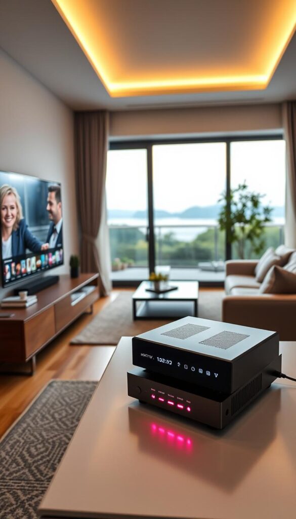 A well-lit home entertainment setup with a smart TV displaying the Hoxtoon Provider IPTV interface. In the foreground, a high-quality 4K IPTV encoder sits atop a sleek media console, its LED indicators glowing softly. The encoder is connected to the smart TV via HDMI, enabling seamless playback of Hoxtoon's expansive library of 150,000+ VODs and 21,000+ live channels. The middle ground features a modern living room with plush furniture and tasteful decor, setting a cozy, inviting atmosphere. The background showcases a large window overlooking a serene outdoor scene, allowing natural light to flood the space. The overall composition conveys the ease and convenience of setting up Hoxtoon's cutting-edge IPTV solution on a smart TV.