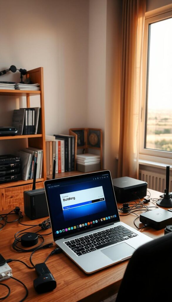 A well-lit home office scene with a laptop screen displaying a buffering IPTV service, surrounded by various technical devices and gadgets related to home networking and internet connectivity. In the foreground, the laptop is prominently placed on a minimalist wooden desk, with a Hoxtoon Provider router and various cables and adapters scattered around. The middle ground features a bookshelf with networking manuals and technical books, while the background showcases a large window overlooking a serene outdoor landscape. The lighting is warm and natural, creating a productive and problem-solving atmosphere. The overall composition emphasizes the DIY and technical aspects of resolving IPTV buffering issues.
