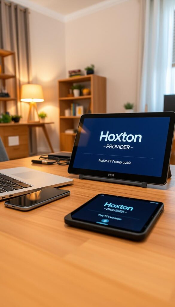 A well-lit home office setup with a laptop, a smartphone, and a tablet on a wooden desk. The Hoxtoon Provider logo is prominently displayed on the tablet screen, showcasing the IPTV setup guide. The room has a warm, cozy atmosphere with soft lighting and modern decor. The camera angle is slightly elevated, providing a clear view of the workspace and the devices. The prompt should capture the essence of a straightforward, user-friendly IPTV setup process with the Hoxtoon Provider as the focus.