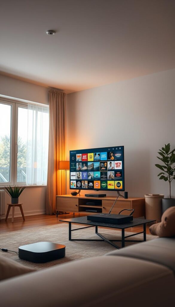 A well-lit, immersive setup showcasing an IPTV service on a smart TV. In the foreground, a high-end smart TV displaying the sleek Hoxtoon Provider interface, offering a vast selection of live channels and on-demand content. The middle ground features a modern media console with a streaming device, router, and other connected devices, all seamlessly integrated. The background depicts a cozy living room with minimalist decor, warm lighting, and large windows providing a sense of depth and atmosphere. The overall scene conveys a premium, technologically-advanced home entertainment experience.