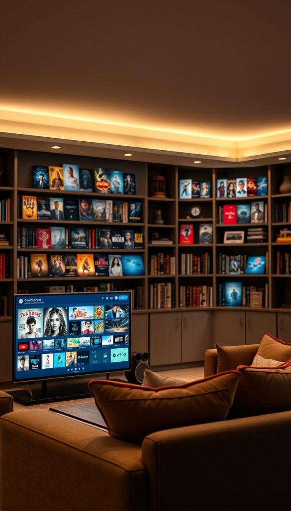 A well-lit interior scene showcasing Hoxtoon Provider's extensive video-on-demand library. In the foreground, a large flat-screen TV displays a diverse range of on-demand content, with crisp, high-definition visuals. In the middle ground, a cozy living room setting with plush seating invites viewers to immerse themselves in the entertainment. The background features bookshelves and decor, creating a warm and sophisticated atmosphere. Subtle lighting casts a gentle glow, enhancing the cinematic experience. The overall scene conveys the vast selection, high-quality, and inviting nature of Hoxtoon Provider's VOD collection.