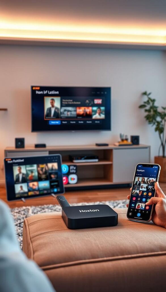 A well-lit living room with a sleek entertainment center showcasing a variety of devices - a smart TV, a streaming box, a tablet, and a smartphone. The devices are connected seamlessly, displaying the Hoxtoon Provider IPTV interface on their screens, allowing for effortless multi-device streaming. The room has a modern, minimalist aesthetic with warm lighting and natural accents, creating a cozy and inviting atmosphere. The overall scene conveys the ease and convenience of accessing a vast library of premium IPTV Latino content across multiple devices in a household setting.