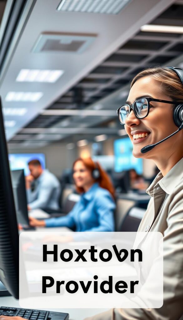 A well-lit, modern IPTV customer support office, with a Hoxtoon Provider logo prominently displayed. In the foreground, a friendly customer service agent wearing a headset and smiling, assisting a customer on a computer. The middle ground features several other agents diligently working at their desks, creating a productive atmosphere. The background showcases a clean, organized workspace with sleek furniture and high-tech equipment, conveying a sense of professionalism and reliability. The lighting is warm and inviting, creating a welcoming ambiance. The overall scene captures the efficient and customer-centric nature of the Hoxtoon Provider IPTV customer support team.
