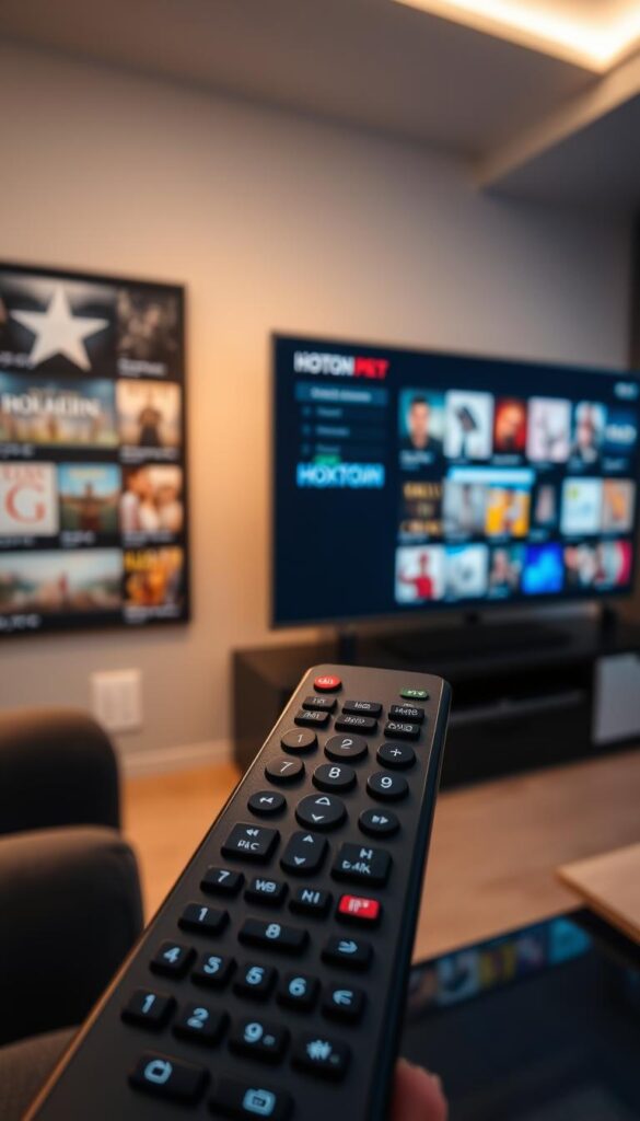 A well-lit modern home entertainment setup, featuring a sleek IPTV system with a large on-screen display showcasing an extensive video-on-demand library. In the foreground, a high-quality remote control with intuitive menus and buttons for easy navigation. The middle ground features the Hoxtoon Provider logo, prominently displayed on the IPTV interface. In the background, a large, flat-screen television displays a diverse array of content titles, from the latest blockbuster movies to classic TV shows, all available at the user's fingertips. The overall atmosphere is one of convenience, entertainment, and unlimited content possibilities.