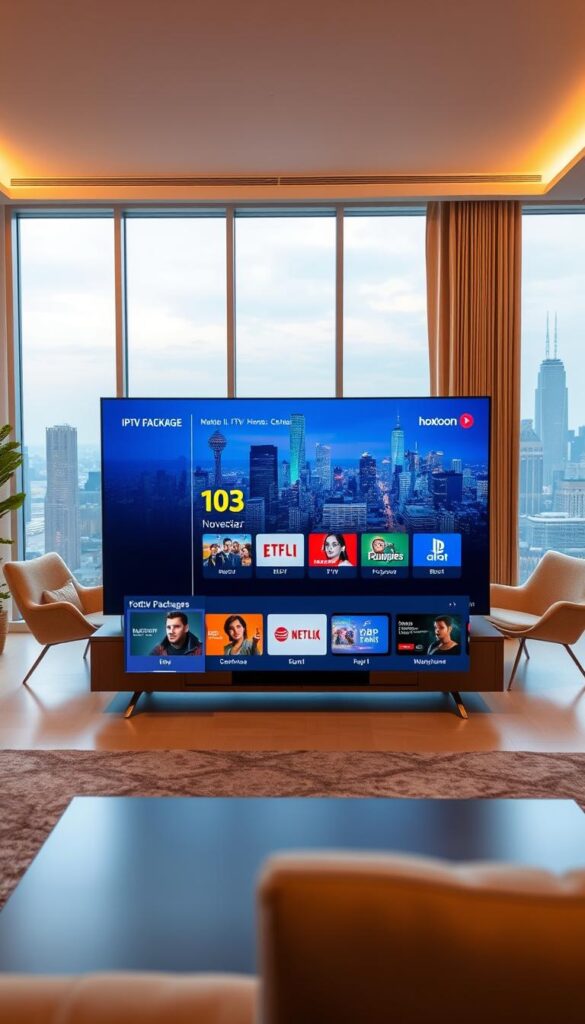 A well-lit, modern home interior with a cozy living room setup. In the foreground, a sleek, minimalist TV display showcases various IPTV package options from the Hoxtoon Provider, highlighting their diversity and reliability. The middle ground features a comfortable sofa and accent chairs, creating an inviting atmosphere. The background showcases large windows overlooking a vibrant city skyline, conveying a sense of urban sophistication. The lighting is warm and natural, accentuating the premium quality of the Hoxtoon IPTV packages. The overall composition conveys a sense of reliability, comfort, and the seamless integration of technology into the modern home environment.