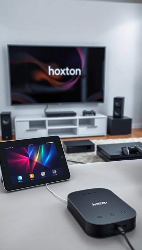 A well-lit, modern living room setting featuring various electronic devices seamlessly connected and compatible with the Hoxtoon Provider IPTV service. In the foreground, a sleek smart TV, tablet, and smartphone are prominently displayed, showcasing the multi-device capabilities of Hoxtoon. The middle ground includes a compact media streaming device and a gaming console, further demonstrating the versatility of the Hoxtoon platform. The background subtly features a home theater setup, conveying the premium entertainment experience enabled by Hoxtoon's comprehensive device support. The overall scene radiates a sense of technological harmony and effortless connectivity, highlighting Hoxtoon Provider's commitment to delivering a top-tier IPTV solution for modern households.