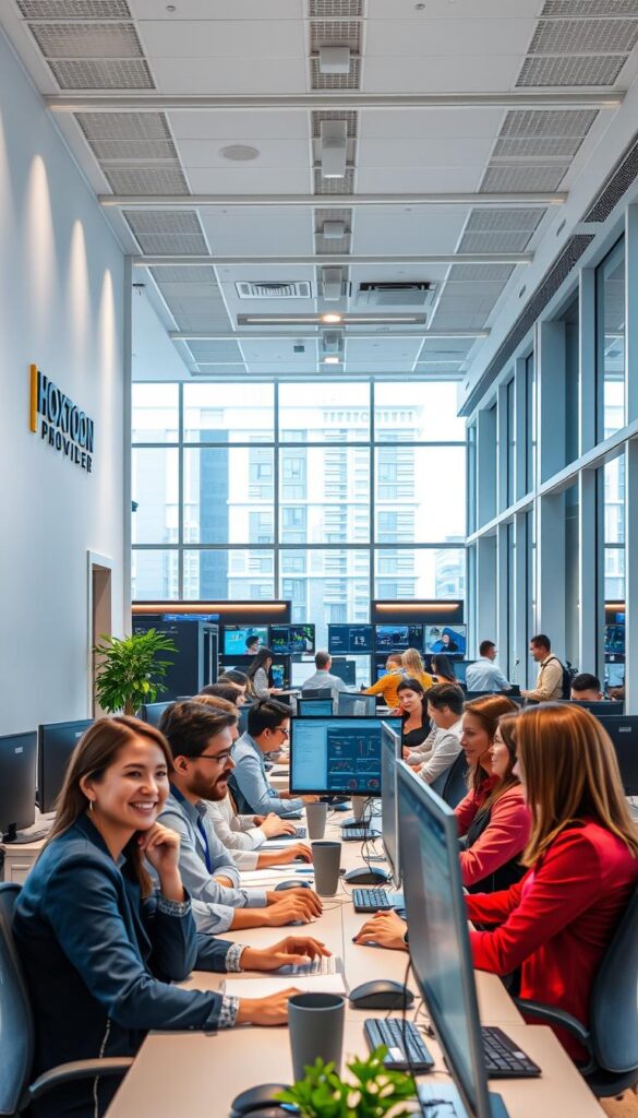 A well-lit, modern office interior, featuring a prominent "HOXTOON Provider" logo on the wall. In the foreground, a team of friendly, professional customer service representatives seated at their desks, engaged in warm, attentive conversations with customers. The middle ground showcases a sleek, state-of-the-art IT infrastructure, with monitors displaying real-time service metrics. The background reveals floor-to-ceiling windows, allowing natural light to flood the space and create a sense of openness and transparency. The overall atmosphere conveys a commitment to service excellence, technological innovation, and a customer-centric approach.