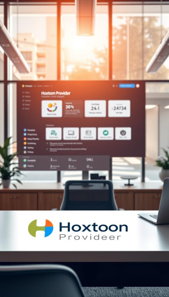 A well-lit, modern office interior with a desk featuring a laptop, headset, and a clean, minimalist Hoxtoon Provider logo prominently displayed. In the background, a large monitor showcases a user interface with intuitive navigation and 24/7 customer support information. Warm, natural lighting filters through large windows, creating a calming, professional atmosphere. The scene conveys a sense of reliability, efficiency, and unwavering customer service.