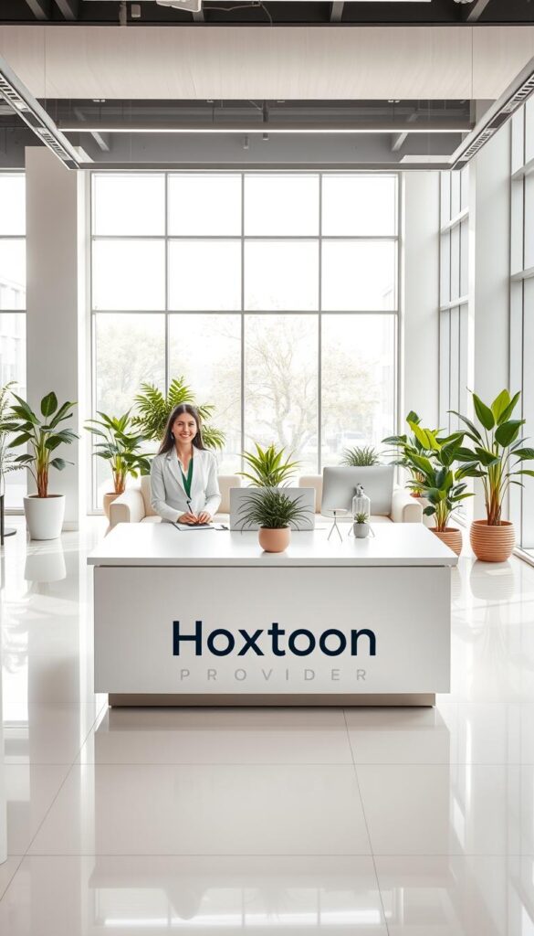 A well-lit, modern office interior with a sleek, minimalist design. In the foreground, a spacious customer support desk with a Hoxtoon Provider logo prominently displayed. Behind the desk, two friendly customer service representatives wearing professional attire are assisting customers with their inquiries. The middle ground features comfortable seating areas and potted plants, creating a welcoming atmosphere. The background showcases large windows that allow natural light to flood the space, giving it a bright and airy feel. The overall scene conveys a sense of efficiency, professionalism, and a commitment to providing excellent customer support for the Hoxtoon Provider brand.