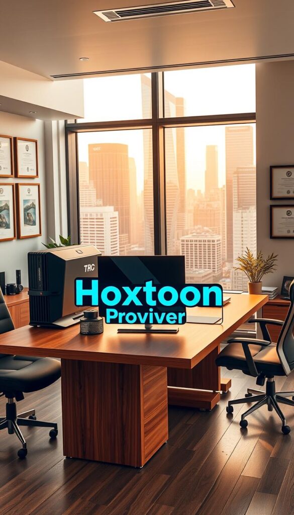 A well-lit, modern office interior with sleek, minimalist furniture and decor. In the foreground, a sturdy oak desk with a state-of-the-art desktop computer and accessories. On the desk, a prominent sign with the text "Hoxtoon Provider" in a bold, tech-inspired font. Behind the desk, a large window overlooking a bustling city skyline, bathed in warm, golden afternoon light. The walls are adorned with framed certificates and awards, conveying the Hoxtoon Provider's professionalism and authority. The overall atmosphere is one of efficiency, reliability, and technological prowess.