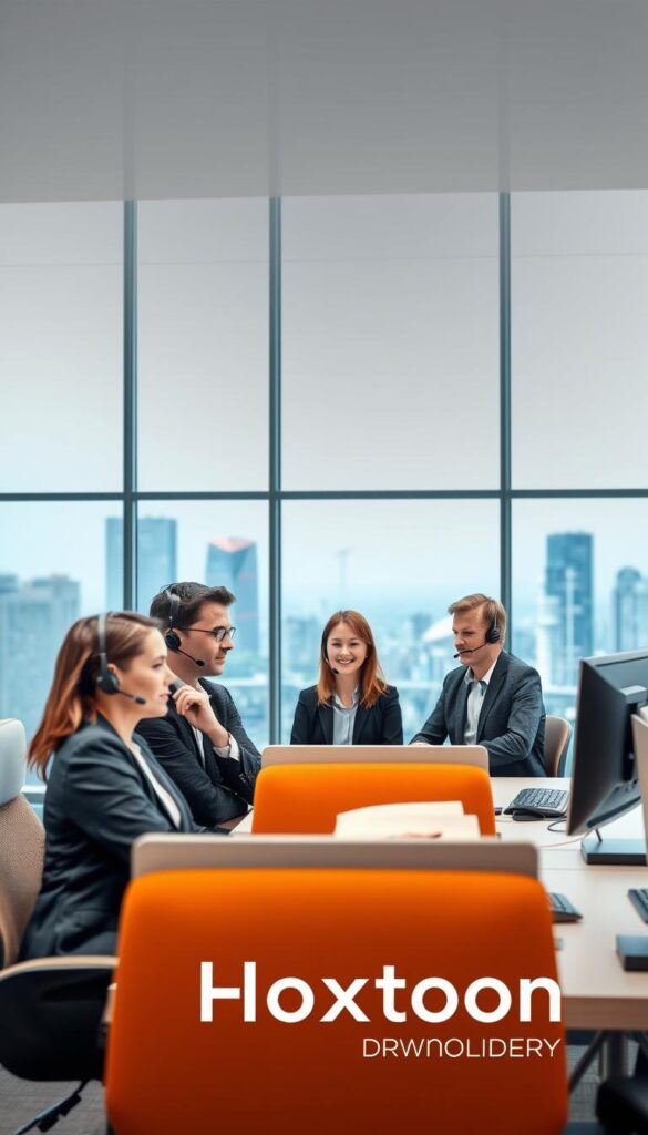A well-lit, modern office setting with sleek, minimalist furniture and a large panoramic window overlooking a bustling city skyline. In the foreground, a team of professional customer service agents from the Hoxtoon Provider company, dressed in smart attire, are engaged in attentive conversations with callers, their expressions conveying empathy and a genuine desire to assist. The middle ground features a neatly organized workspace with state-of-the-art computer equipment and ergonomic workstations, reflecting the company's commitment to efficiency and technological innovation. The background showcases the company's vibrant brand identity, with subtle yet impactful design elements and a cohesive color scheme that evokes a sense of professionalism and reliability.