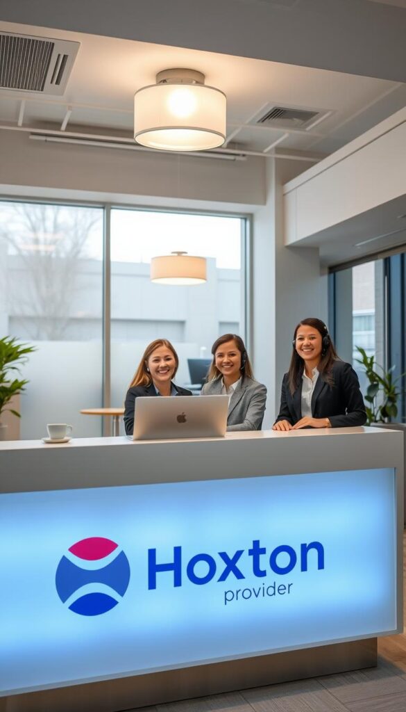 A well-lit office interior, showcasing the Hoxtoon Provider brand prominently displayed on the reception desk. In the background, a team of friendly customer service representatives assist callers, their faces warm and inviting. The room is decorated with modern, minimalist furnishings, creating a professional yet approachable atmosphere. Soft, diffused lighting from overhead fixtures casts a comforting glow, while large windows allow natural light to filter in, illuminating the space. The overall scene conveys a sense of efficiency, reliability, and a customer-centric focus, perfectly capturing the essence of the Hoxtoon Provider customer support experience.