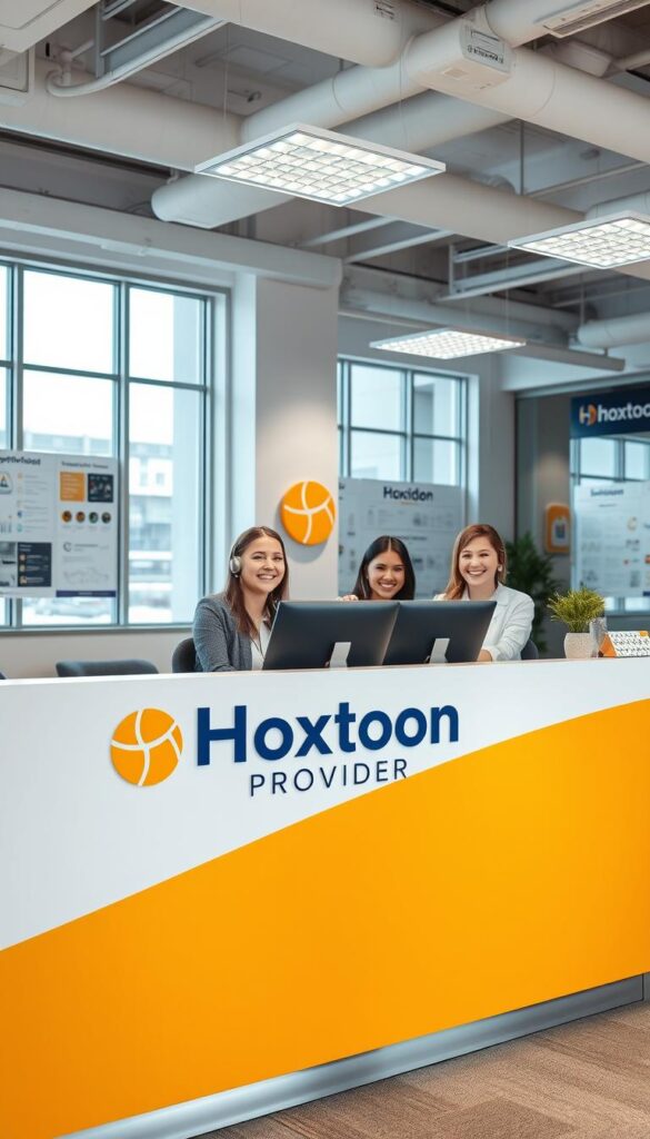 A well-lit office interior with a customer service desk in the foreground. The desk features the "Hoxtoon Provider" logo prominently displayed. Behind the desk, a team of helpful support agents are assisting customers, their faces warm and inviting. The walls are adorned with informative posters and branding elements, creating a professional yet approachable atmosphere. Large windows in the background let in natural light, giving the space an airy and welcoming feel. The overall composition conveys a sense of efficient, knowledgeable, and personalized customer support, ready to address any questions or concerns.