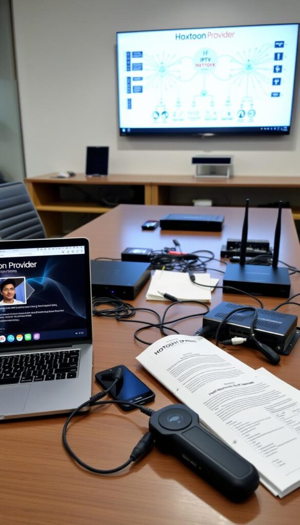 A well-lit office interior with a large desk showcasing various IPTV troubleshooting tools and equipment. In the foreground, a laptop displaying the Hoxtoon Provider website, highlighting their customer support services. On the desk, a smartphone, a network router, and an IPTV set-top box, all connected by cables. The middle ground features technical manuals and a magnifying glass, suggesting the process of diagnosing and resolving IPTV issues. The background depicts a wall-mounted monitor displaying a detailed network diagram. The overall scene conveys a professional, technology-driven atmosphere focused on elevating the IPTV streaming experience.