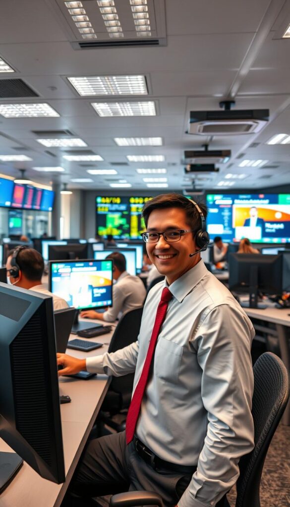 A well-lit, spacious IPTV customer support office, with sleek workstations and state-of-the-art communication equipment. In the foreground, a Hoxtoon Provider employee in a crisp collared shirt and tie, warmly greeting a customer while navigating a modern, intuitive software interface. The middle ground features a team of support specialists, each intently focused on their screens, efficiently resolving queries. The background showcases a vibrant, high-tech command center, with large displays monitoring network performance and customer satisfaction metrics. A sense of professionalism, reliability, and unwavering commitment to customer service permeates the scene.