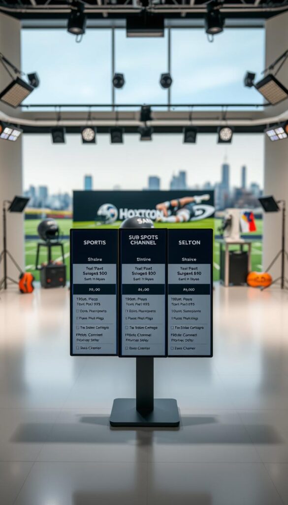 A well-lit studio setting showcasing Hoxtoon Provider's sports channel subscription plans. In the foreground, a sleek, modern display showcases different subscription tiers, each with clear pricing and channel package details. The middle ground features sports equipment and memorabilia, creating an immersive sports atmosphere. The background has a soft, blurred city skyline, suggesting the global reach and accessibility of Hoxtoon's services. The overall composition conveys a sense of professionalism, premium quality, and the excitement of premium sports content.