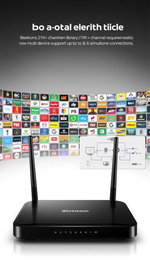 A well-lit technical diagram showcasing the breadth and technical specifications of the Hoxtoon Provider IPTV service. In the foreground, a sleek modem and router arrangement, their smooth surfaces reflecting the crisp lighting. The middle ground features a grid of channel icons, each rendered in high detail, conveying the expansive 21K+ channel library. In the background, a schematic diagram illustrates the network requirements, highlighting the multi-device support up to 6 simultaneous connections. The overall atmosphere is one of precision, professionalism, and the cutting-edge capabilities of the Hoxtoon Provider IPTV platform.