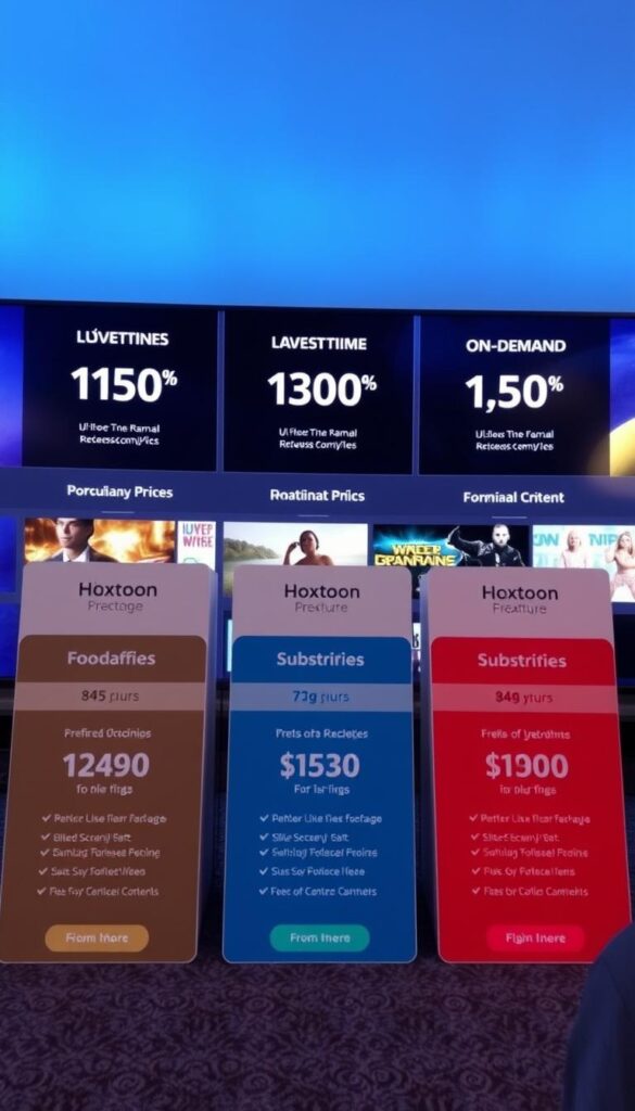 A well-organized and visually appealing set of IPTV subscription packages offered by Hoxtoon Provider. The foreground showcases the different plan tiers, each with clear pricing details and feature highlights, presented in a clean, modern layout. The middle ground features thumbnails of popular live TV channels and on-demand content available with the service. The background has a subtle, atmospheric gradient in shades of blue, complementing the overall professional and tech-savvy aesthetic. The lighting is soft and diffused, creating a sense of depth and dimension. The camera angle is slightly angled, adding visual interest and a sense of depth. The overall mood is one of high-quality, premium IPTV services offered by Hoxtoon Provider.