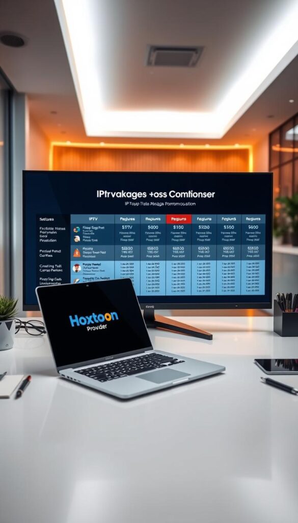A wide-angle shot of a clean, minimalist workspace showcasing "IPTV Packages Comparison" displayed on a large, high-resolution monitor. The foreground features a sleek, silver laptop with the "Hoxtoon Provider" logo prominently displayed, surrounded by a neat arrangement of office supplies. The middle ground shows a variety of IPTV package options, each with clear pricing, features, and resolution details. The background is a softly blurred, contemporary office interior with warm, indirect lighting, creating a professional and inviting atmosphere.