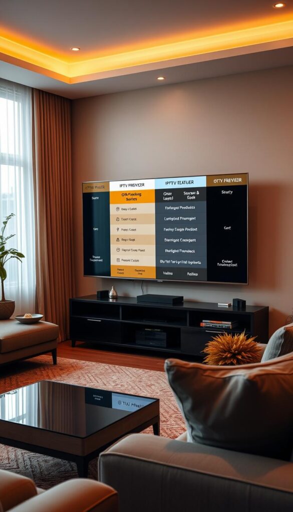 A wide-angle shot of a living room interior, with a large flat-screen TV prominently displayed. On the TV screen, a side-by-side comparison of the Hoxtoon Provider IPTV Gold Premium service and other streaming platforms is shown, highlighting the unique features and benefits of the Hoxtoon Provider service. The room is illuminated by soft, warm lighting, creating a cozy and inviting atmosphere. The arrangement of the furniture and decor suggests a modern and stylish design aesthetic. The overall composition draws the viewer's attention to the TV screen, allowing the comparison of the IPTV Gold Premium service to be the focal point of the image.