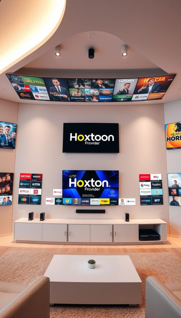 A wide-angle shot of a sleek, modern media center displaying a vibrant array of live TV streaming channels on multiple high-definition displays. The Hoxtoon Provider logo prominently featured in the center, surrounded by a diverse selection of popular international channels and on-demand content. Soft, diffused lighting creates a warm, inviting atmosphere, while the streamlined layout and minimalist design elements convey a sense of technological sophistication. The composition captures the depth and breadth of the premium IPTV Latino's unrivaled content library, inviting the viewer to immerse themselves in a world of endless entertainment.