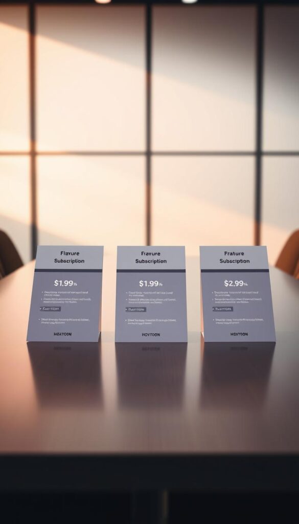 A wide, panoramic table showcasing the Hoxtoon Provider subscription plans, set against a sleek, modern backdrop. The plans are displayed as elegant, minimalist cards with clear pricing, features, and value propositions. The lighting is soft and warm, creating a premium, high-quality feel. The table is positioned at an angle, creating depth and drawing the viewer's eye towards the center. The background blurs softly, allowing the subscription plans to be the focal point. The overall composition is balanced, visually appealing, and effectively communicates the different Hoxtoon Provider plan options.